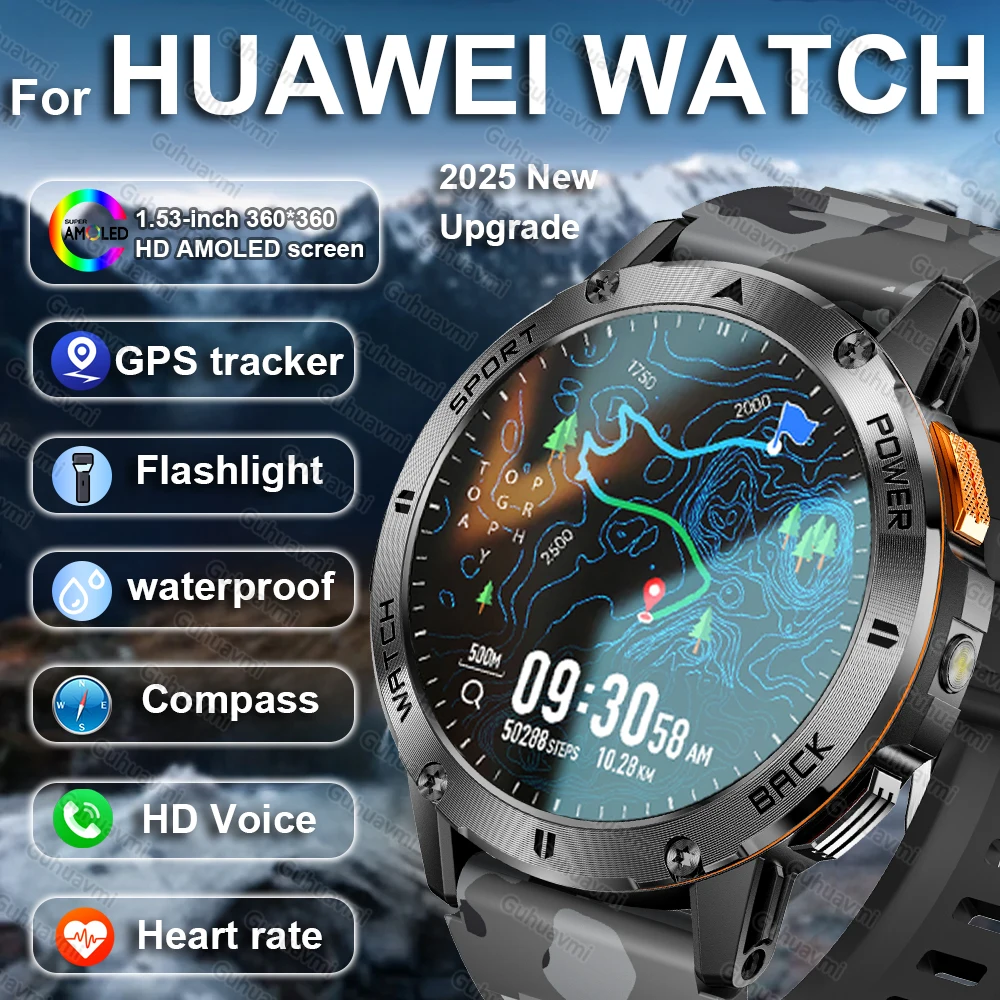 

2025 New For HUAWEI Outdoor Sport Smart Watch AMOLED Screen GPS Tracker Compass Waterproof HD Bluetooth calling Flashlight Watch