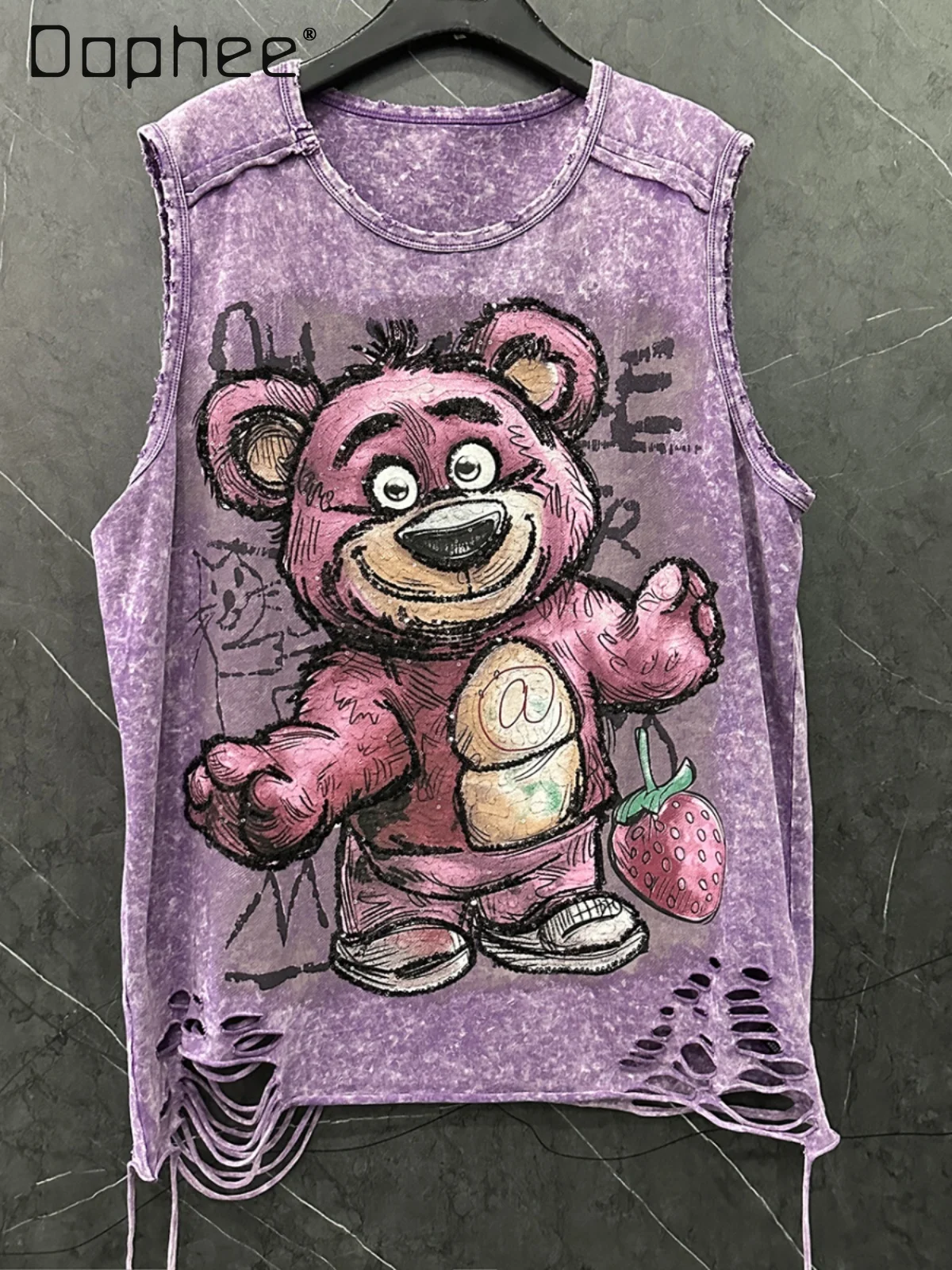 

Spring and Summer New Heavy Industry Hole Design Sense Cartoon Bear Sleeveless T-shirt Women's Loose Round Neck Vest Top