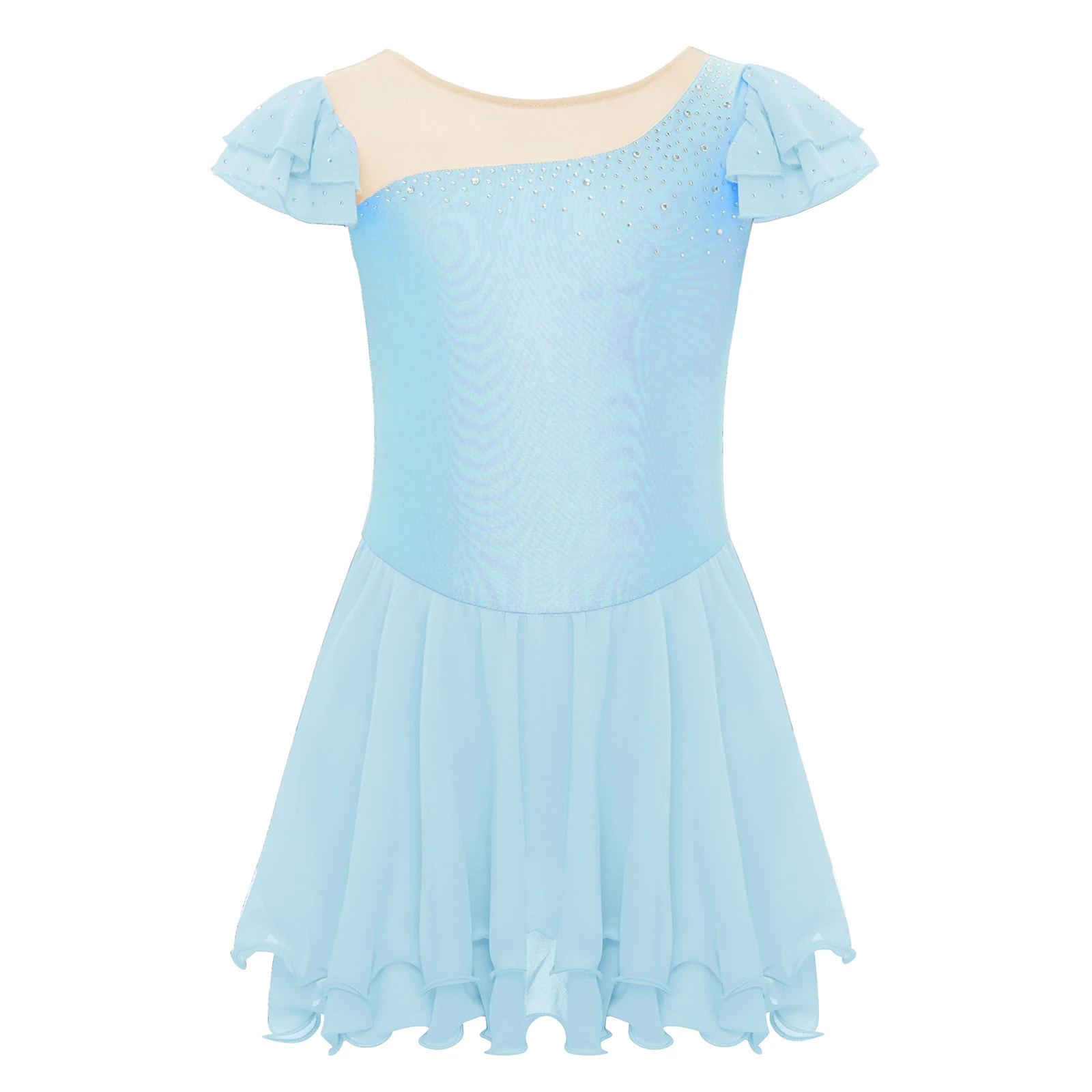Robe de Ballet pour enfants filles, strass brillants, manches à volants, maille transparente, Patchwork, ourlet de laitue, robe Tutu, concours de danse de ballerine