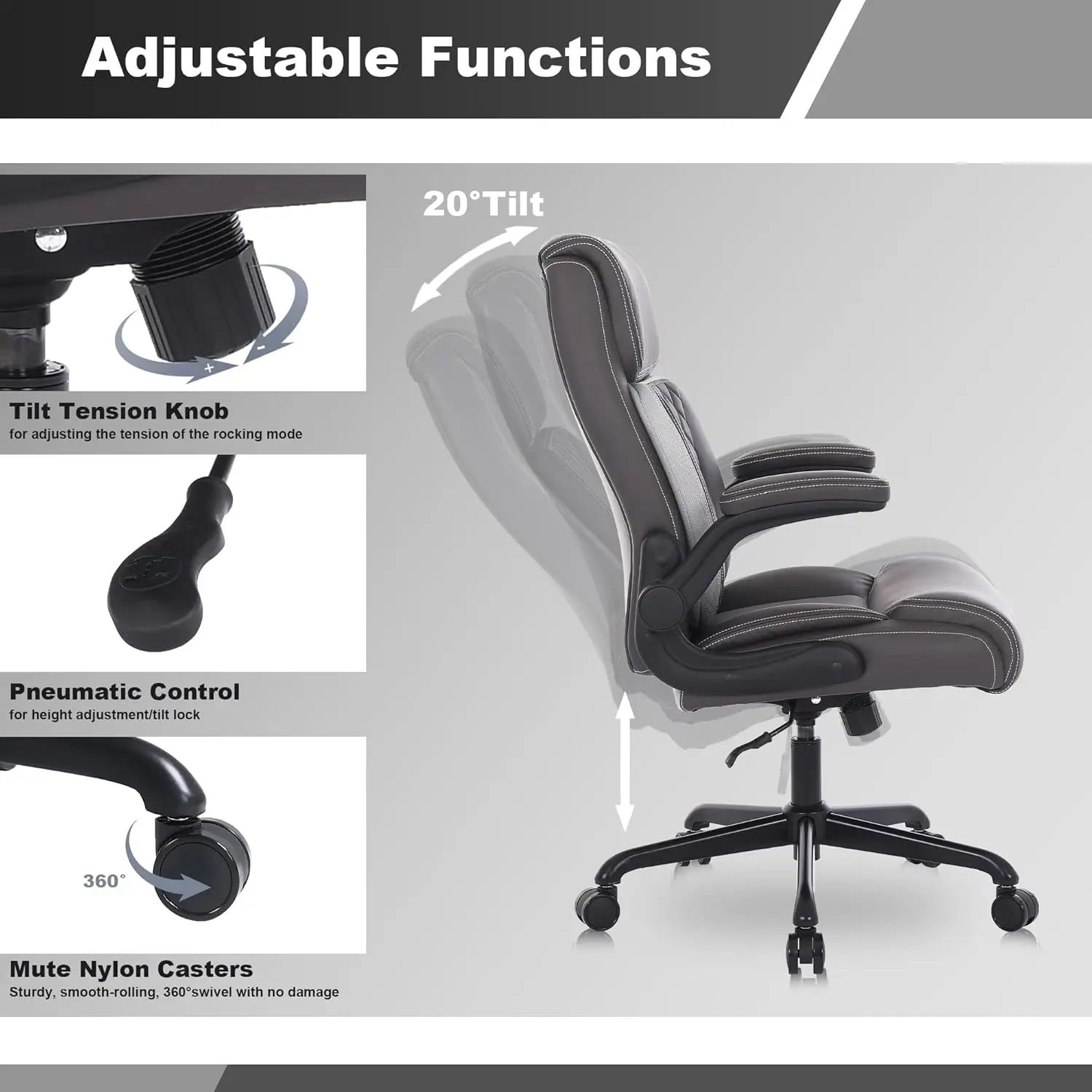 Executive Office Chair, PU Leather Computer Chair with Lumbar Support, Ergonomic Home Office Desk Chairs, Flip-up Armrests and A