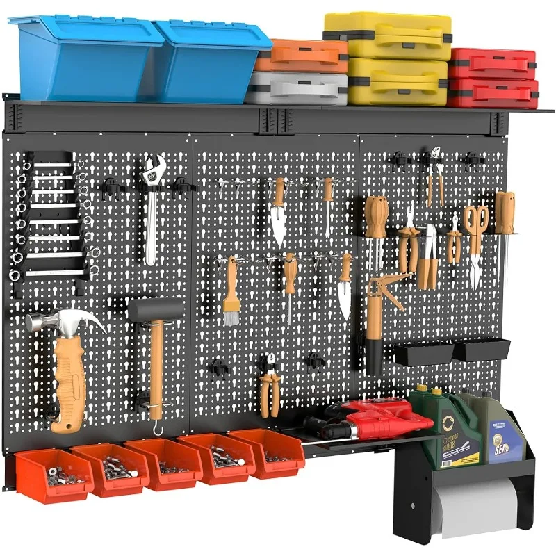 2025 Metal Pegboard Wall Organizer 4ft Wide,  Wall Mount Storage Bins, Shelves, Peg board Kit for Workbench(Black)