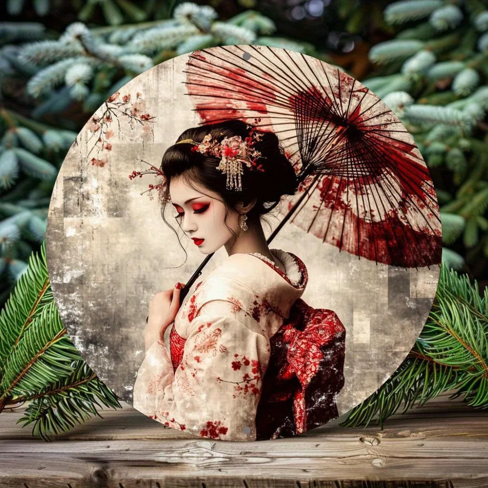 Japanese Geisha Floral Umbrella Metal Wall Art, 8x8 Inch Round Iron Sign for Home Office Café, Japanese Culture Gift