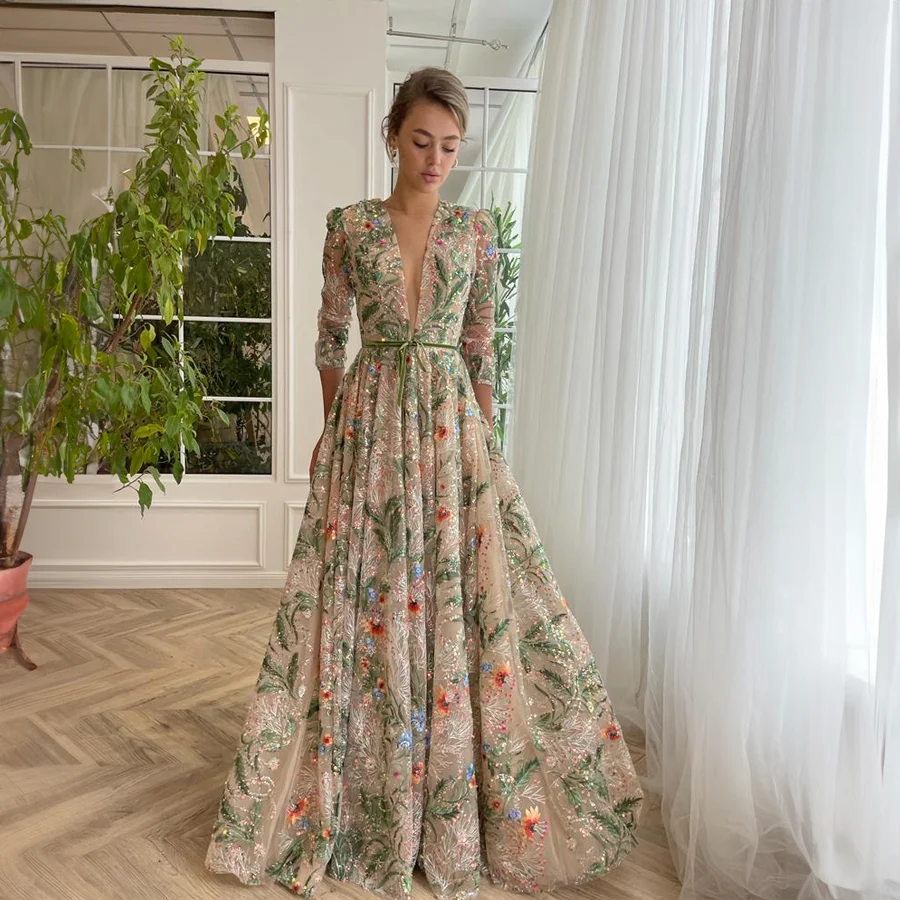 Customized Bling Bling V-Neck Glitter Floral Embroidery Lace Prom Dress 3/4 Sleeves Transparent Greey Sequins Lace Evening Gown - AliExpress Customized Bling Bling V-Neck Glitter Floral Embroidery Lace Prom Dress 3/4 Sleeves Transparent Greey Sequins Lace Evening Gown - AliExpress