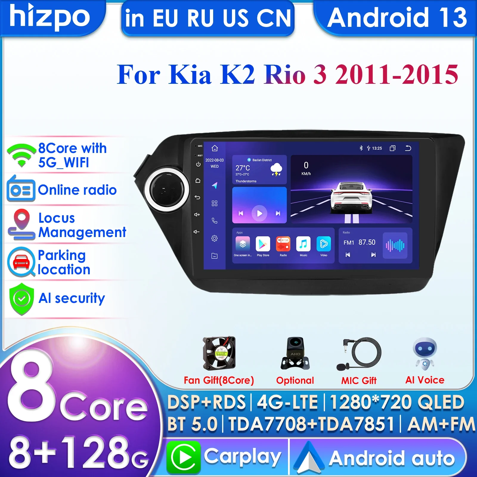 8G+128G 2din Android 12 CarPlay Car Radio GPS Navigation Multimedia Player for Kia RIO 3 2010 2011 2012 2013 2014 2015 Stereo BT