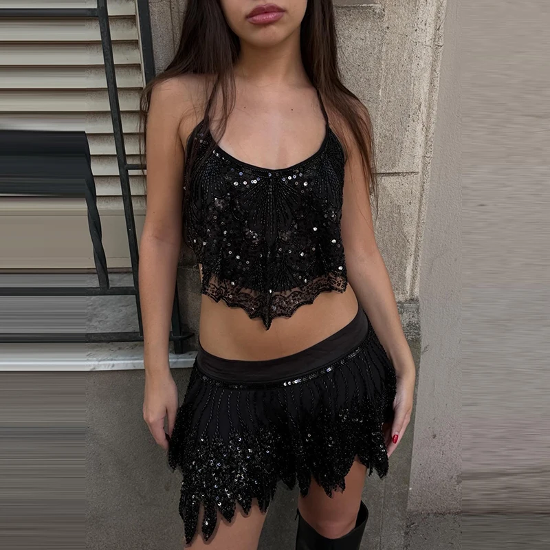 

Lady Chic Low Waist Sequin Zipper A-line Skirt Fashion Lace Patchwork Mini Skirt Sexy Ultra Short Irregular Beach Vacation Skirt
