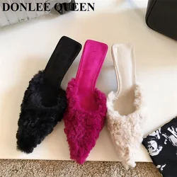 Fashion Women Fur Slides Slippers Pointed Toe Shallow Slip On Plush Shoes Med Heels Mule Black Rose Pink Pumps Party Dress Mujer