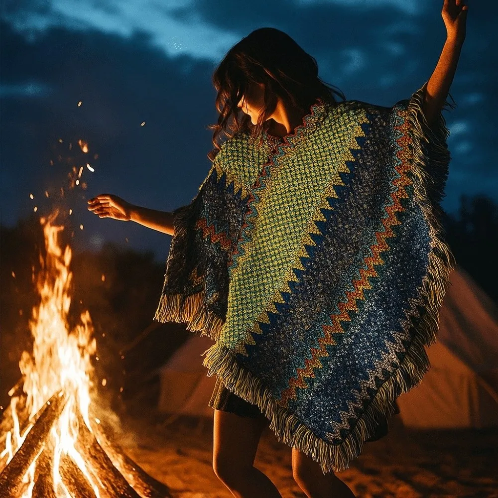 

Вязаная шаль в этническом стиле, теплая большая накидка в богемном стиле, осенне-зимний шарф-кейп с бахромой для улицы