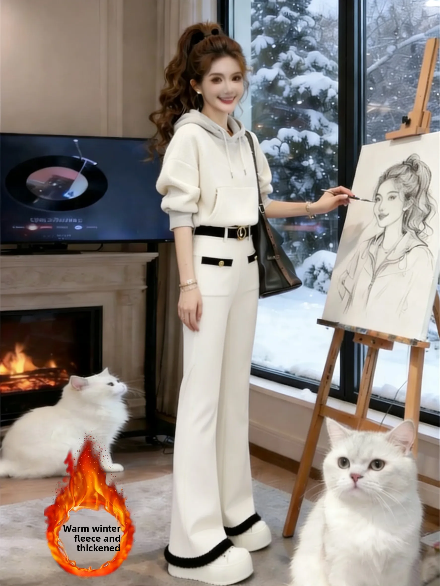 

Ladies Fce Lined Straight Leg Pants Winter Warm Trousers Casual Sle l Waist Comfortable Fit White Flared Pants