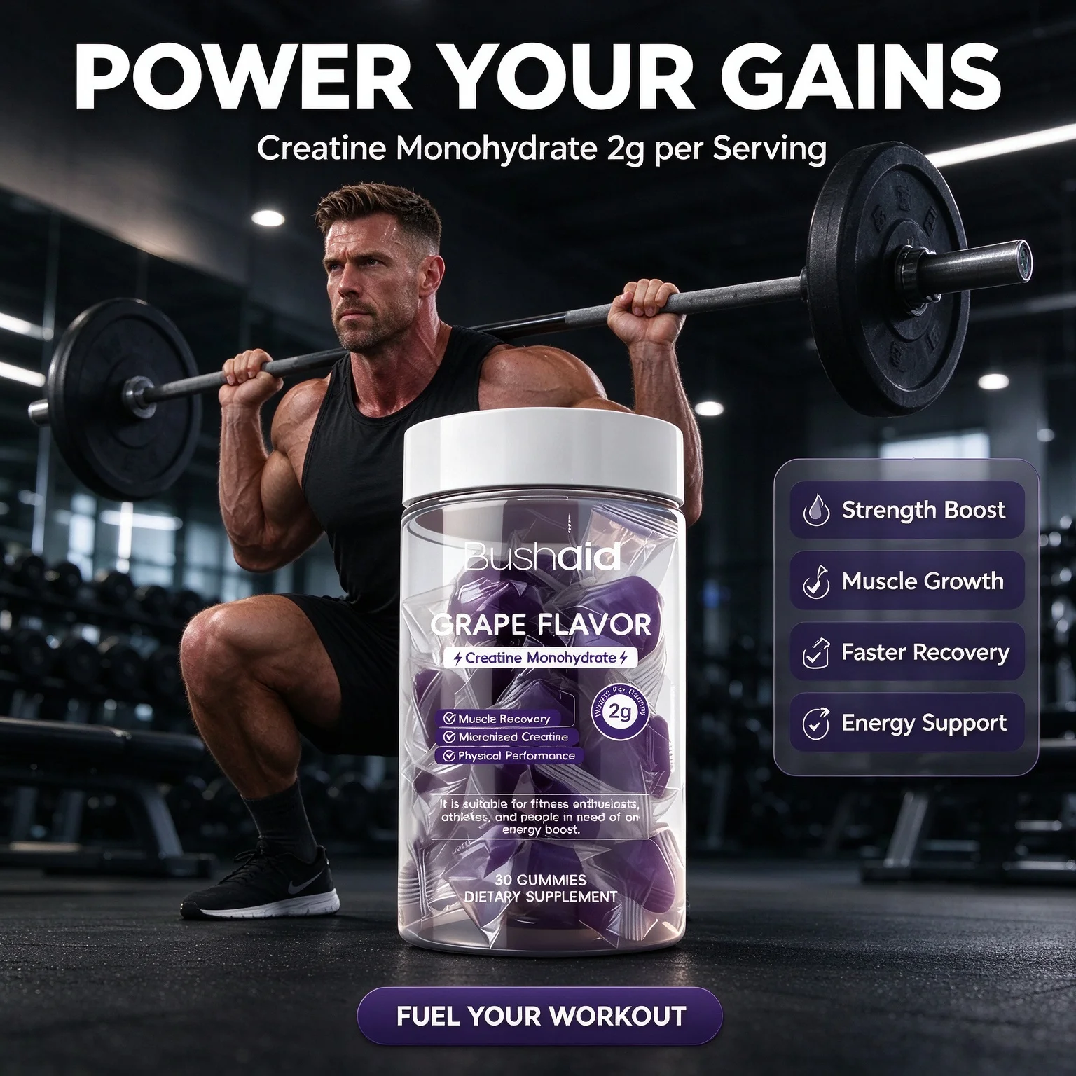 Creatine Gummies Chewable Sports Supplement Boost Energy & Strength Promote Muscle Growth Pre-Workout Gummy for Gym Fitness