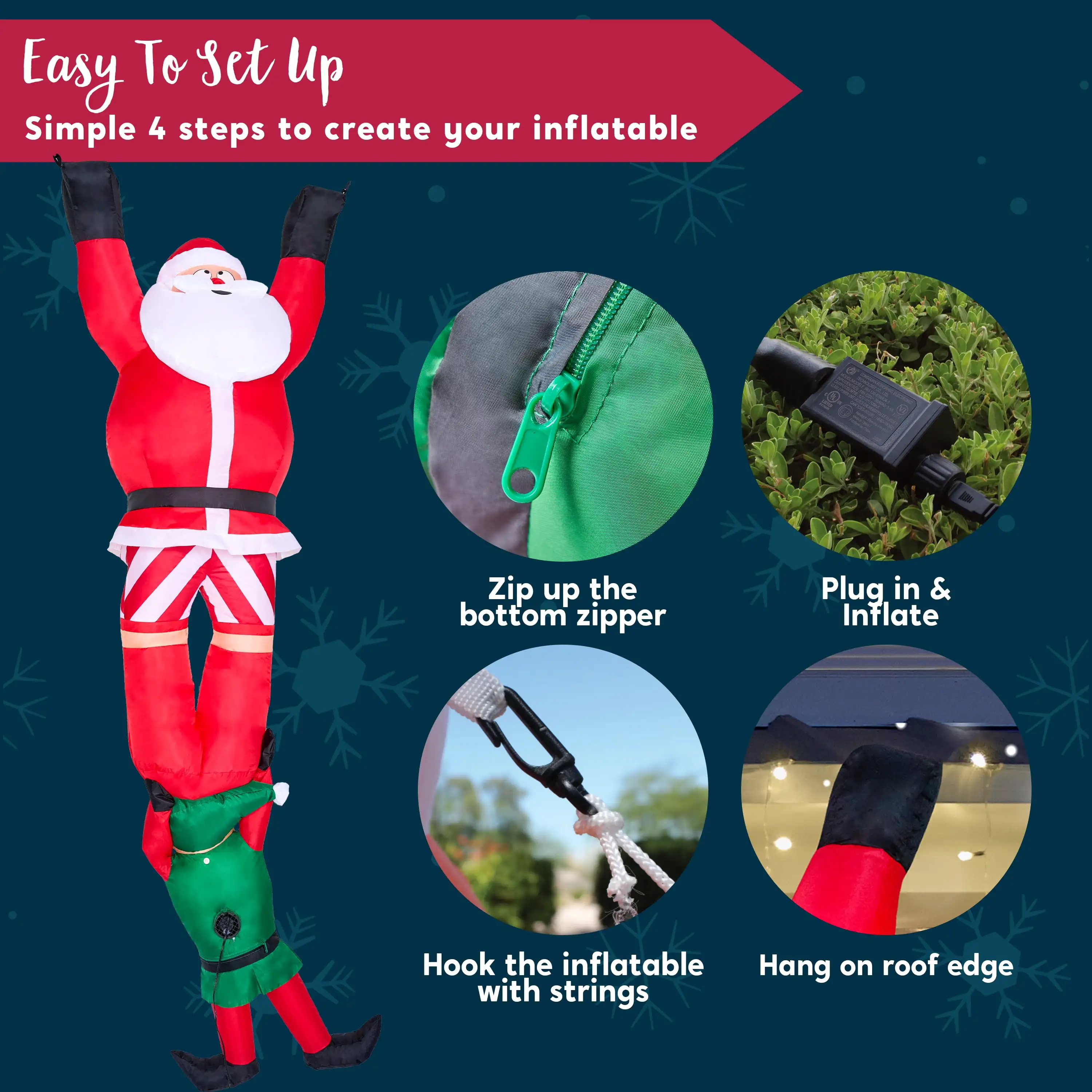 ของตกแต่งคริสต์มาสเป่าลม Joyfy ขนาด 8 ฟุต ซานต้าปีนป่ายพร้อมเอลฟ์ตก ของตกแต่งสนามหญ้าแบบเป่าลมพร้อมไฟ LED ในตัว