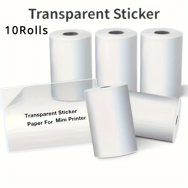 

10 Rolls Clear Thermal Sticker Paper 57mm - Self-Adhesive Labels for Portable Mini Printers Window Decals/CD Labels/Album Covers