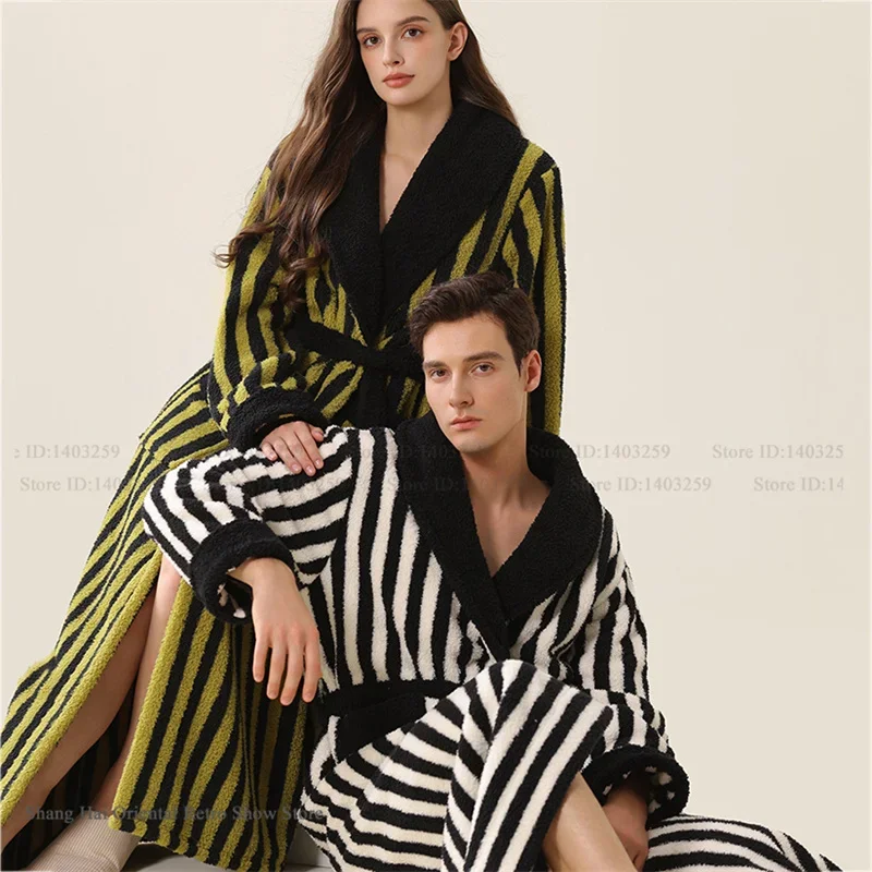 

Winter New Couple Flannel Long Robe Homewear Fashion Stripes Sleepwear Bathrobe Kimono Gown Thicken Warm Coral Fleece Loungewear