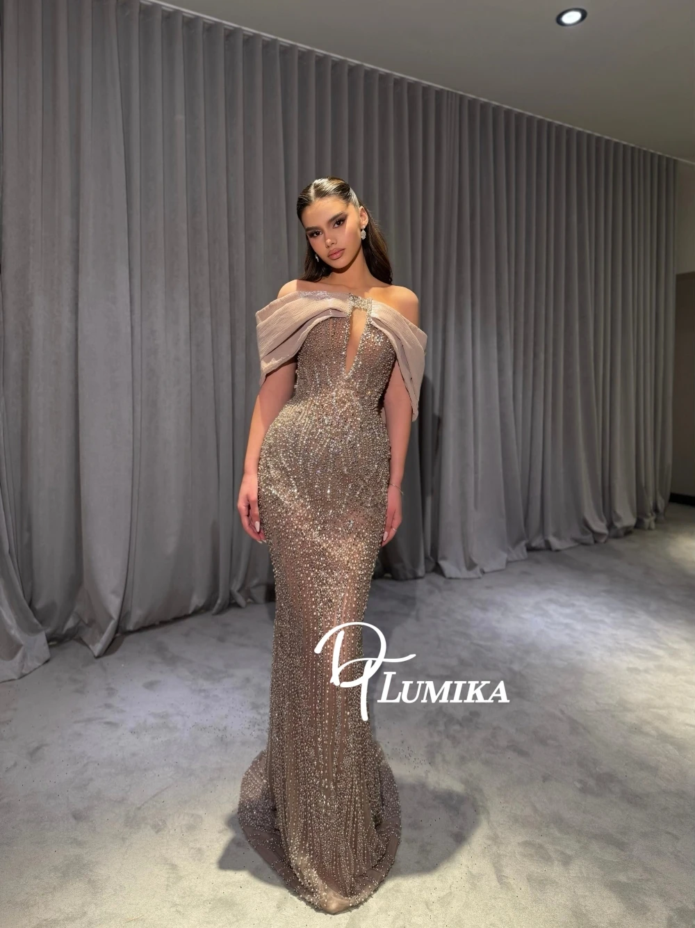 

Nude Illusion Mermaid Prom Dress Off Shoulder Pleated Capelet Dazzling Full Beaded Sequined Evening Gown For Women Customized
