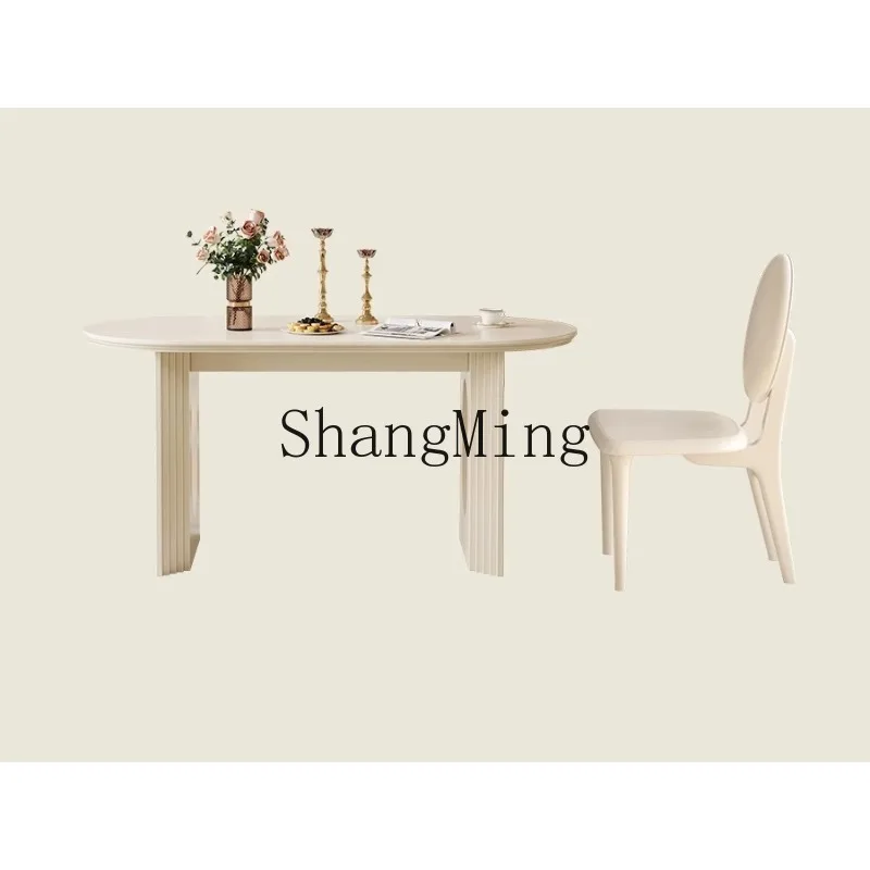 

ZHB Cream Style Dining Table and Chair Combination Household White Solid Wood Dining Table Restaurant Oval Dining Table