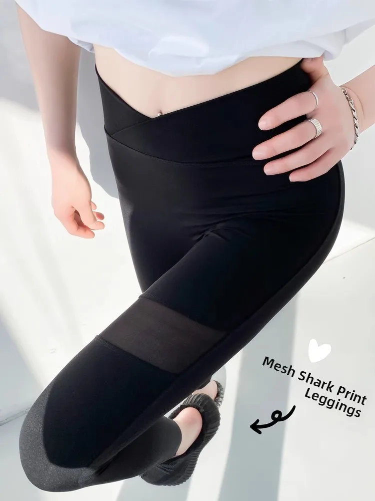 

High Waist Mesh Splice Sharkskin Yoga Pants Women's Spring Summer Thin Briefing Hip Lifting Nine Points Magic Pants