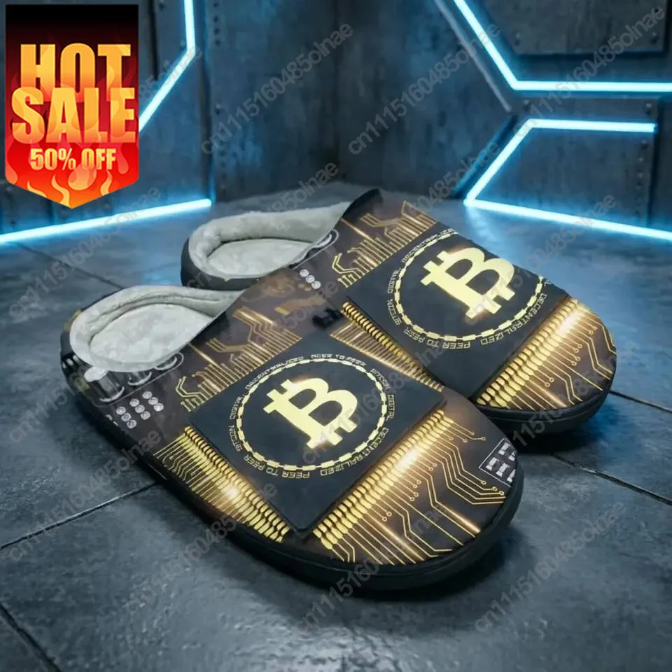 Bitcoin Unisex Winter Warm Cotton Slippers Non-Slip Closed Toe Thick Soft Sole Indoor Home Shoes For Women Men Couple Daily Wea