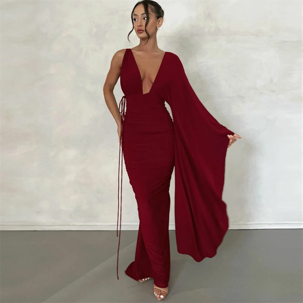 

Sexy V-Neck Burgundy Mermaid Backless Satin Formal Prom Dresses Floor-Length Women Evening Party Dress فساتين السهرة