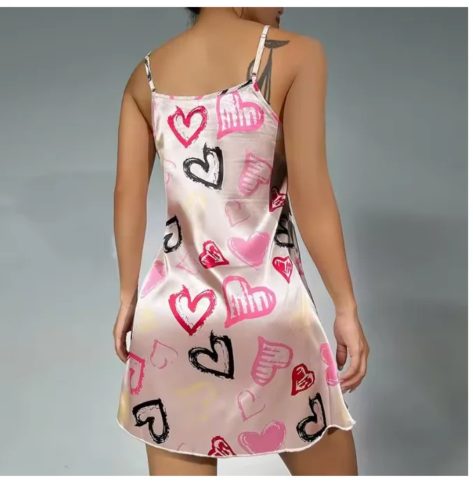 Ladies Sexy Sling Nightgown Nightdress Women\'s Sexy Lingerie Silk Satin Sleepwear Floral Pinting Nightwear Homewear Mini Dress