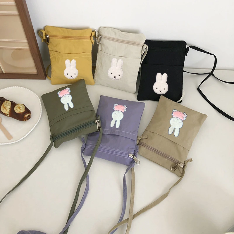 Bolso cruzado de nailon Kawaii Miffy, bolso minimalista para teléfono portátil con bonito conejito, bolsa para pasaporte de viaje, bolso de hombro informal Unisex