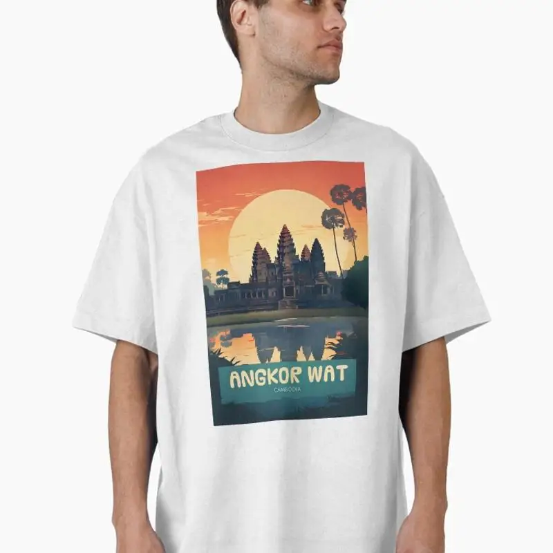 Angkor Wat Cambodia Sunset Temple Art Oversized T-Shirt