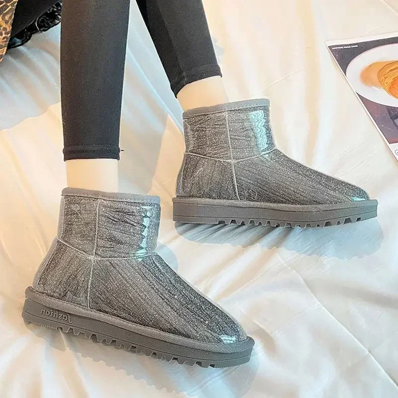 Flat Waterproof Round Toe Tabi Booties Shoes for Woman Silver Ankle Women\'s Snow Boots Boot Female New Rock Spring 2024 Gothic