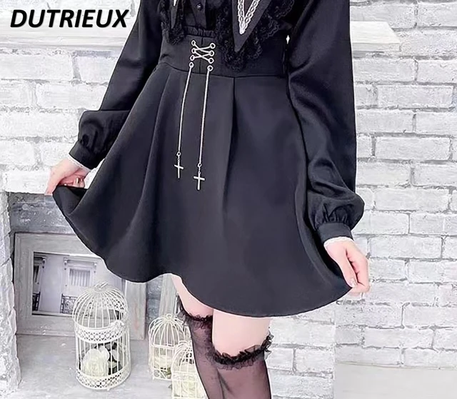 Harajuku Black Suspender Skirt Women Japanese Mine-Style Cross Chain Suspender Skirt Fashion All-Match High Waist Student Skirts