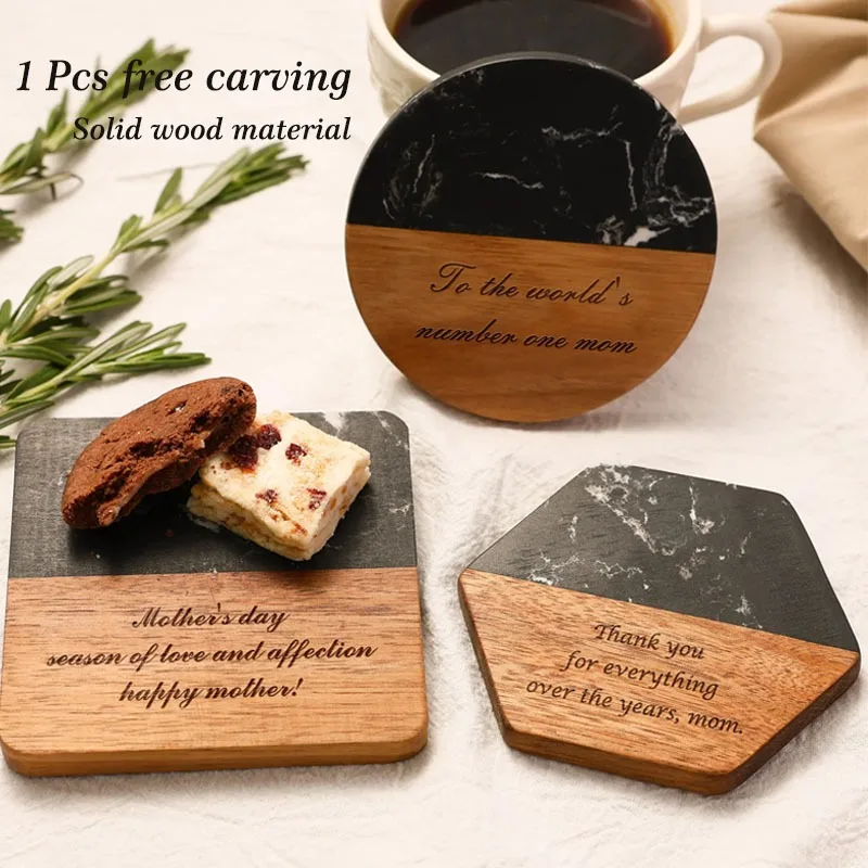 1PCS Free Customized Personalized Marble Acacia Coaster Stone and Wood Birthday Gift For Colleague Cup Coasters Natural Stones