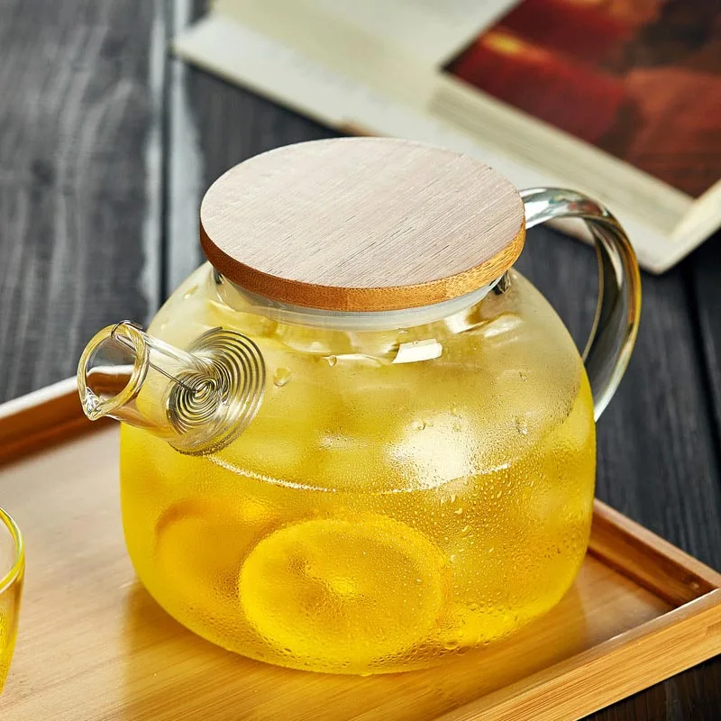 YMEEI 1L Large Capacity Borosilicate Glass Teapot Heat Resistant Clear Water Bottle Filters Flower Teapot With Bamboo Lid