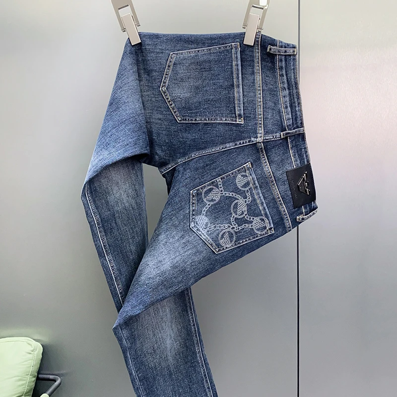 Individual designer high-quality casual trousers spring and summer Slim micro-stretch comfortable blue men's straight jeans