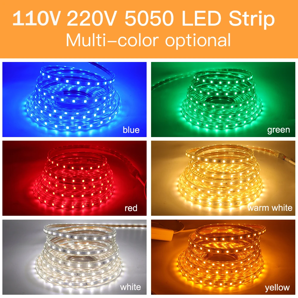 Diody na wstążce LED SMD 5050 220V 60leds/m EU UK na zewnątrz wodoodporna elastyczna taśma LED 110V US taśma LED wstążka biała ciepły niebieski