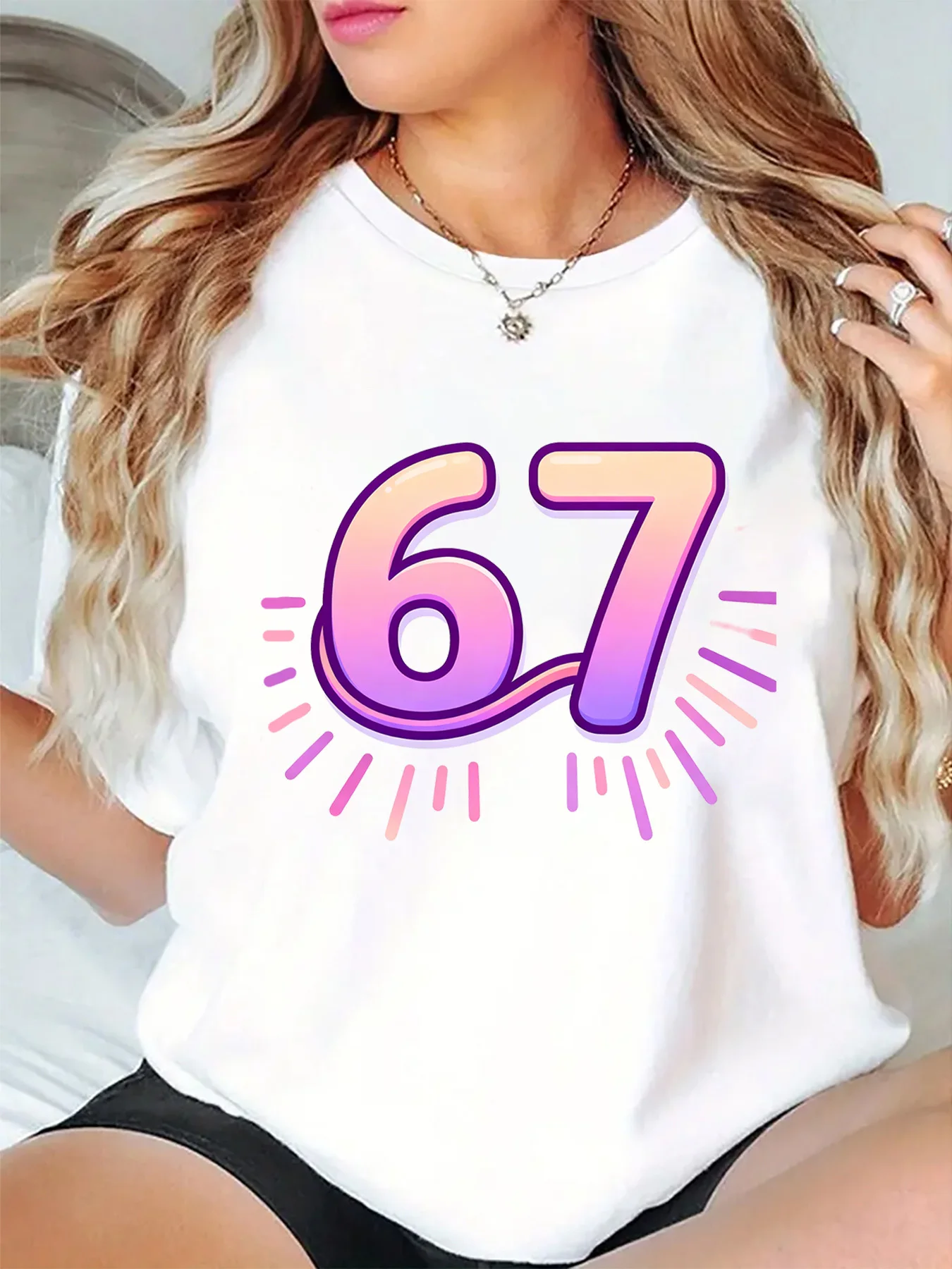 Decorative Number Womens T Shirt 67 Gradient Pink Purple Sunburst Pop Art Graphic O Neck Short Sleeve Casual Ladies Tops