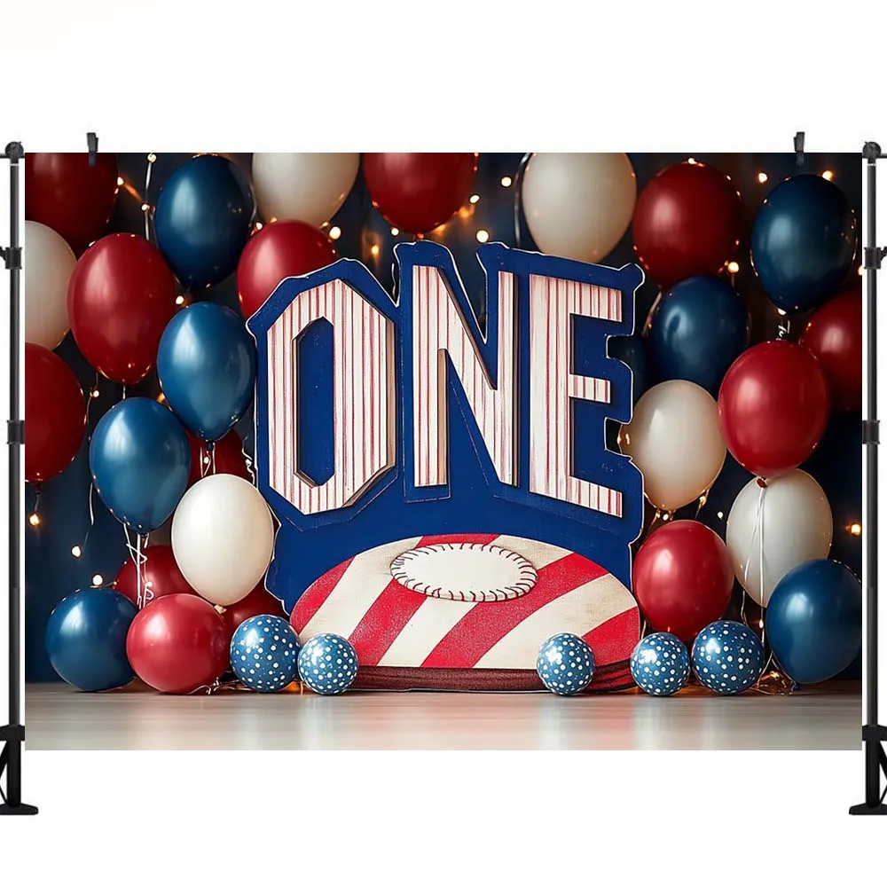 LS Baseball Themed Cake Smash Photo Backdrops Newborn One Birthday Party Background Colorful Balloons Wall Twinkle Stars Shoot