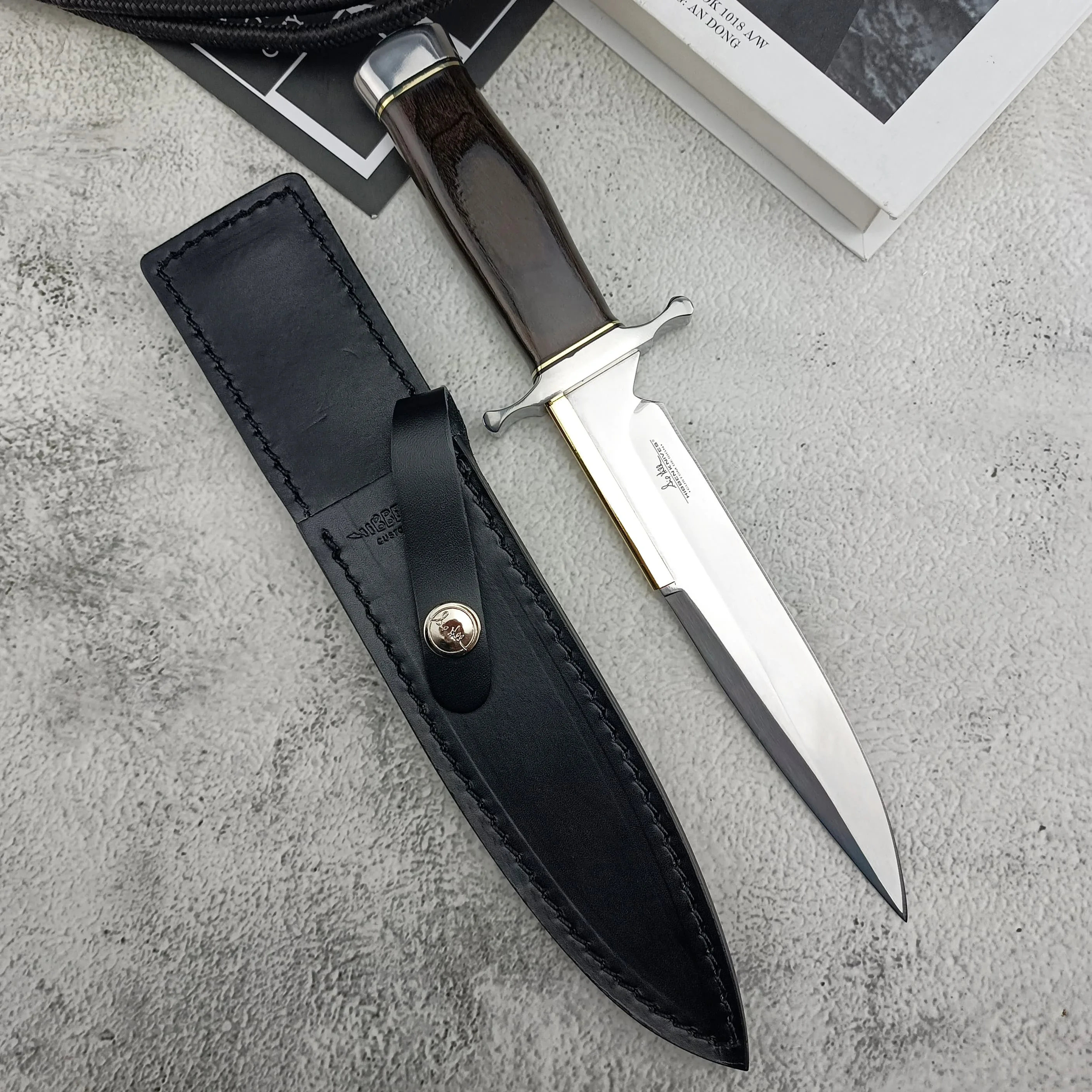 

High quality outdoor straight knife, D2 inset brass blade outdoor tactical Hunting multi-purpose EDC portable tool, men's gift