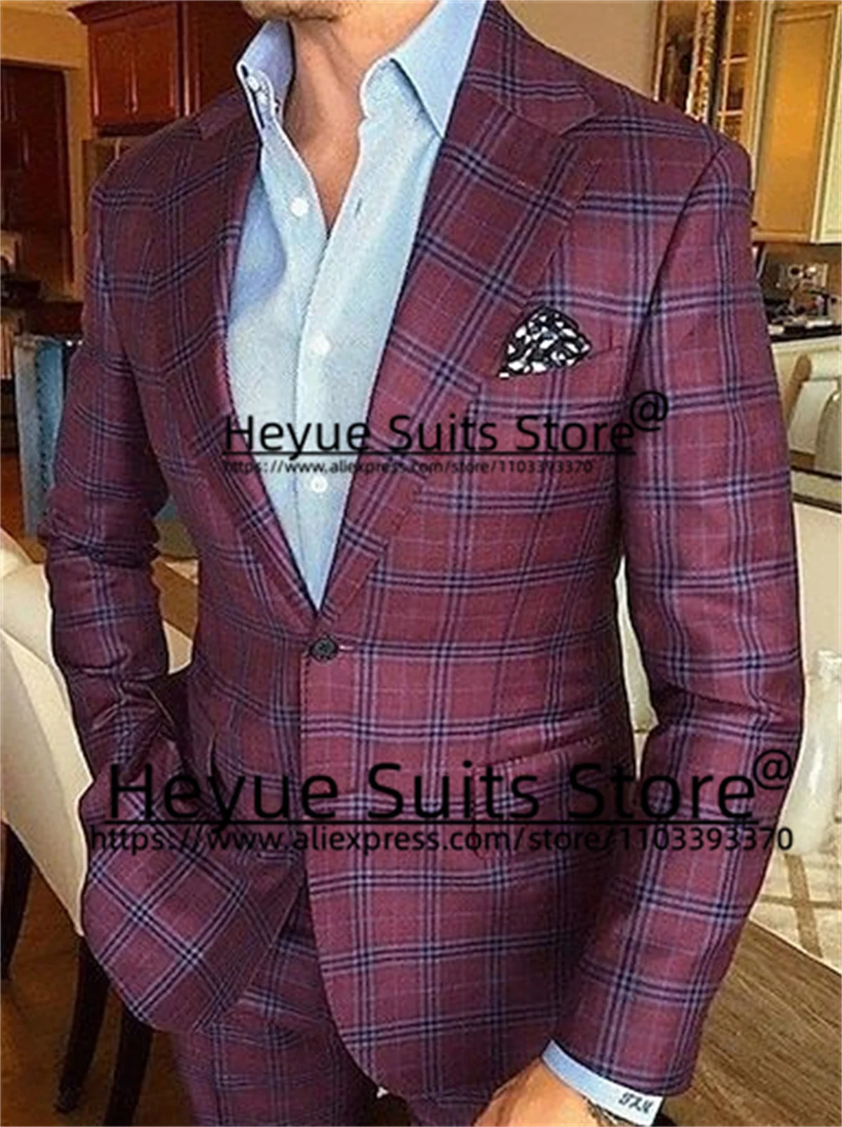 Traje de negocios a cuadros para hombre, Blazer ajustado con solapa y muescas, color rojo vino, 2 piezas