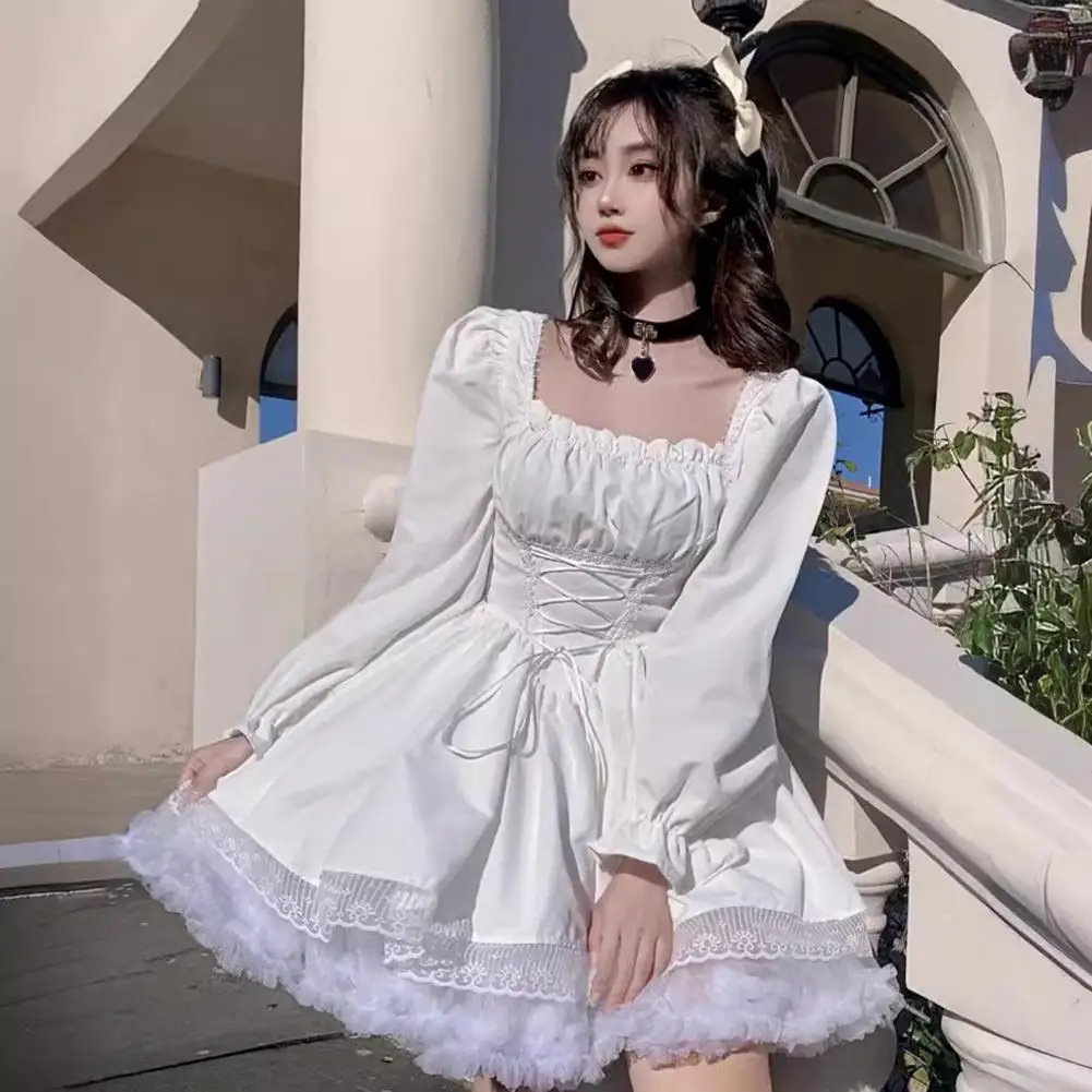 

Loose Fit Dress Women A-line Dress Lolita Style Princess Dress with Pleated Shirring Square Neck A-line Puff Sleeves for Women