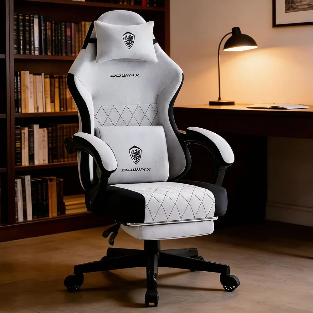 Cadeira Gamer com Almofada de Molas, Almofada Lombar Massageadora e Apoio para os Pés, Assento Largo com Braços Acolchoados, Tecido Respirável, Reclinável