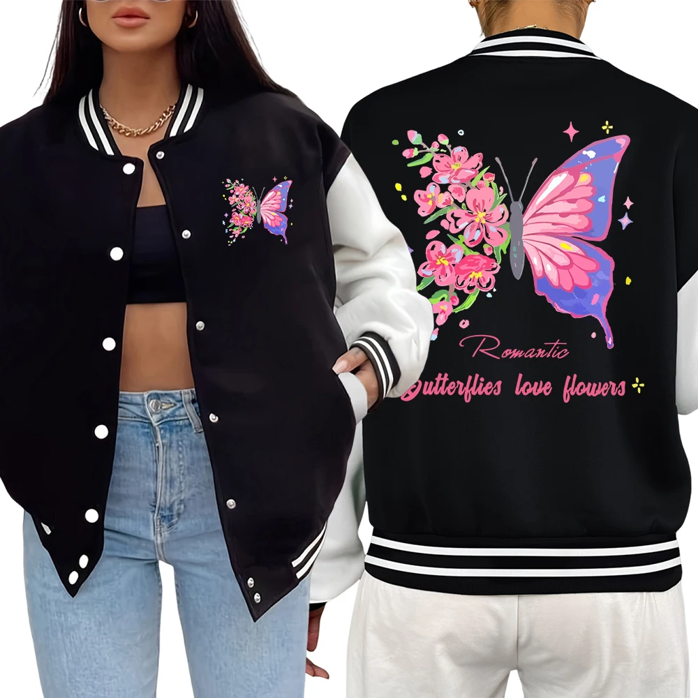 

Butterflies Love Flowers Colorful Printed Streetwear Woman Warm Soft Jacket Loose Casual Jackets Autumn Baseball Uniform Unisex