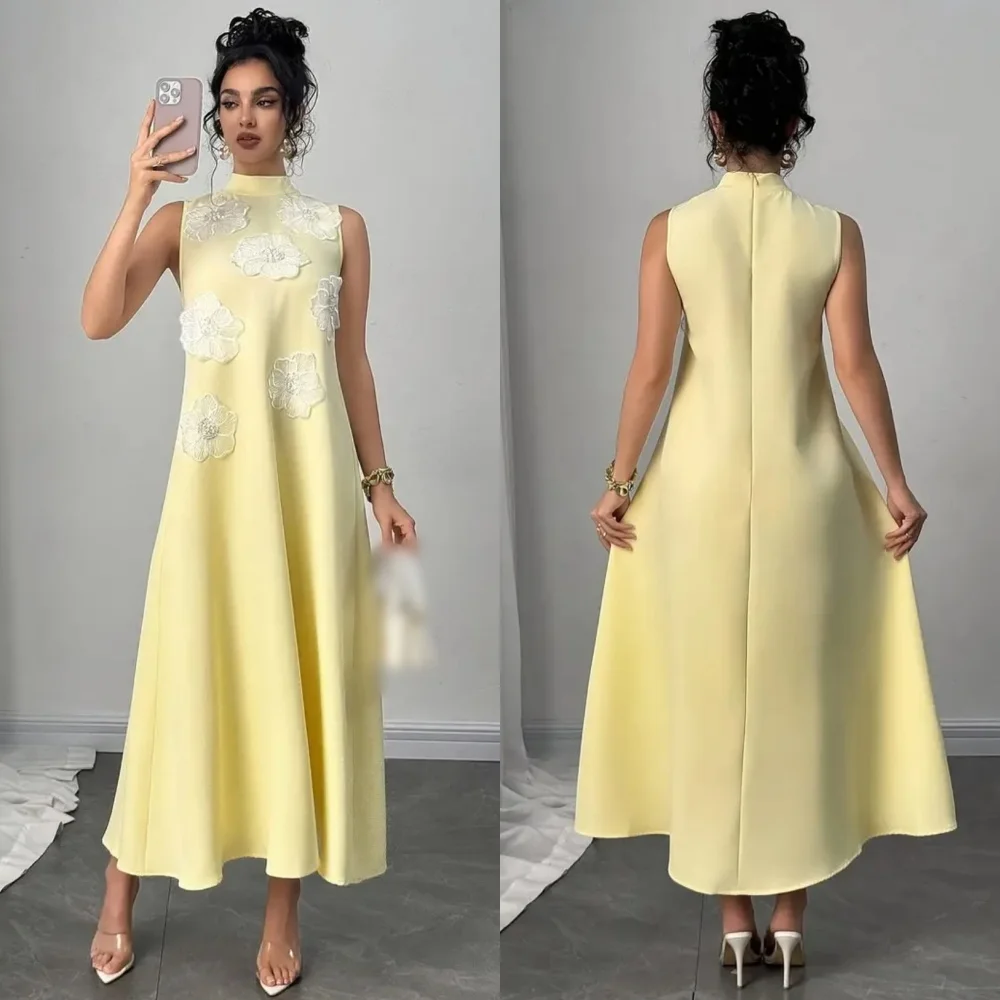 

Customized High Quality Jersey Flower Pleat A-line Collar Midi Dresses Bespoke Occasion Simple Pastrol