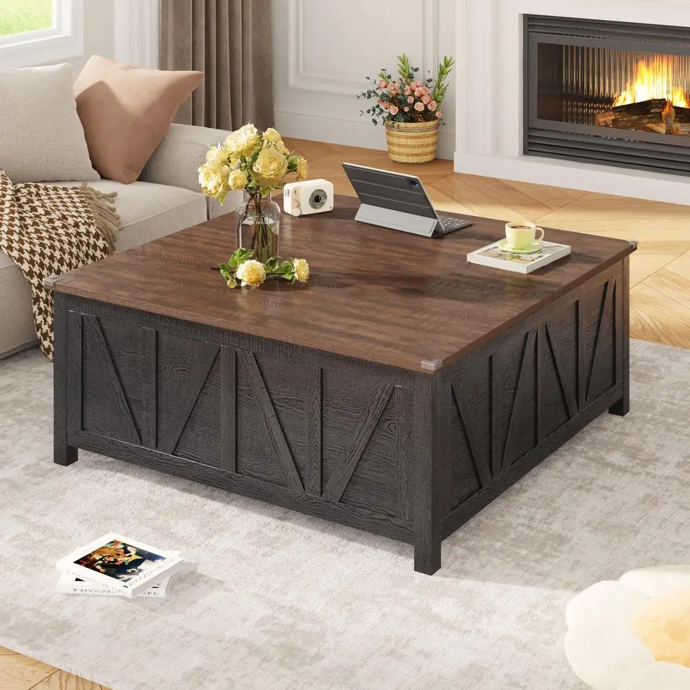 

43.3 Lift Top Coffee Table with Storage, Farmhouse Coffee Table with Large Hidden Storage Compartment and ShelvesSquare Center