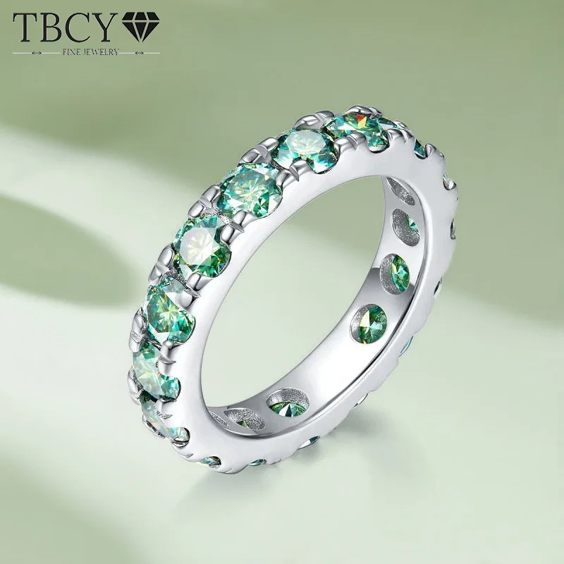 

TBCYD 4mm Blue-green Moissanite Full Eternity Rings For Women Men S925 Silver Engagement Wedding Band Couple Rings Jewelry Gifts