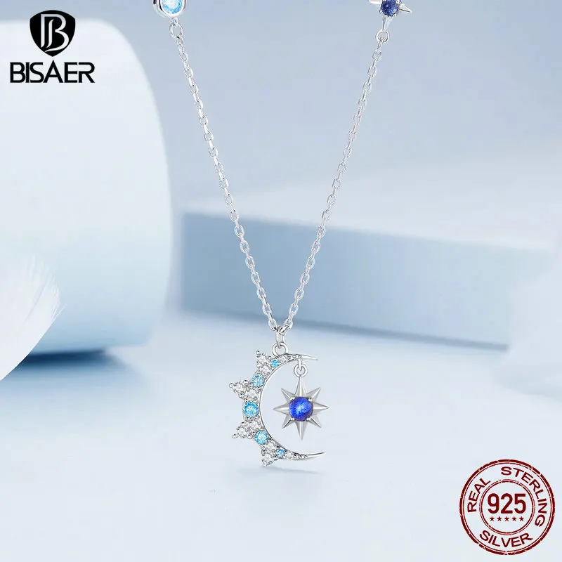 BISAER 100% 925 Sterling Silver Moon And Star Burst Pendant Necklace Blue Zircon Plated Platinum Fine Jewelry for Women Party