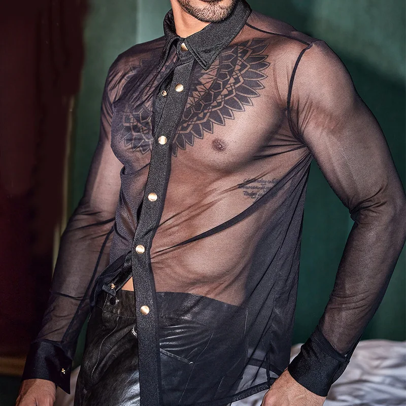 Men's Summer Black Thin See-through Sexy Shirt Breathable Casual Top Night Performance Clothes Men