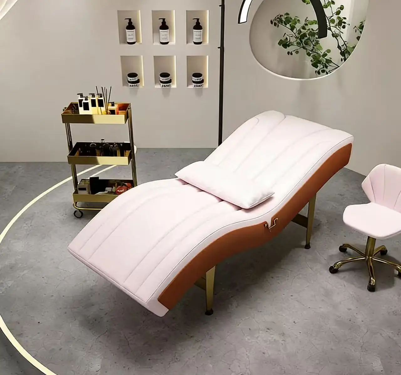 &c Hot Sale Modern Beauty Salon Gold Metal Curved Massage Table Luxury pink Curved Lash Bed for Sale