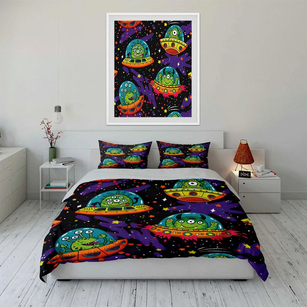 Playful Alien Spaceships Night Theme Exquisite three-piece bedding set gift for kids and adults