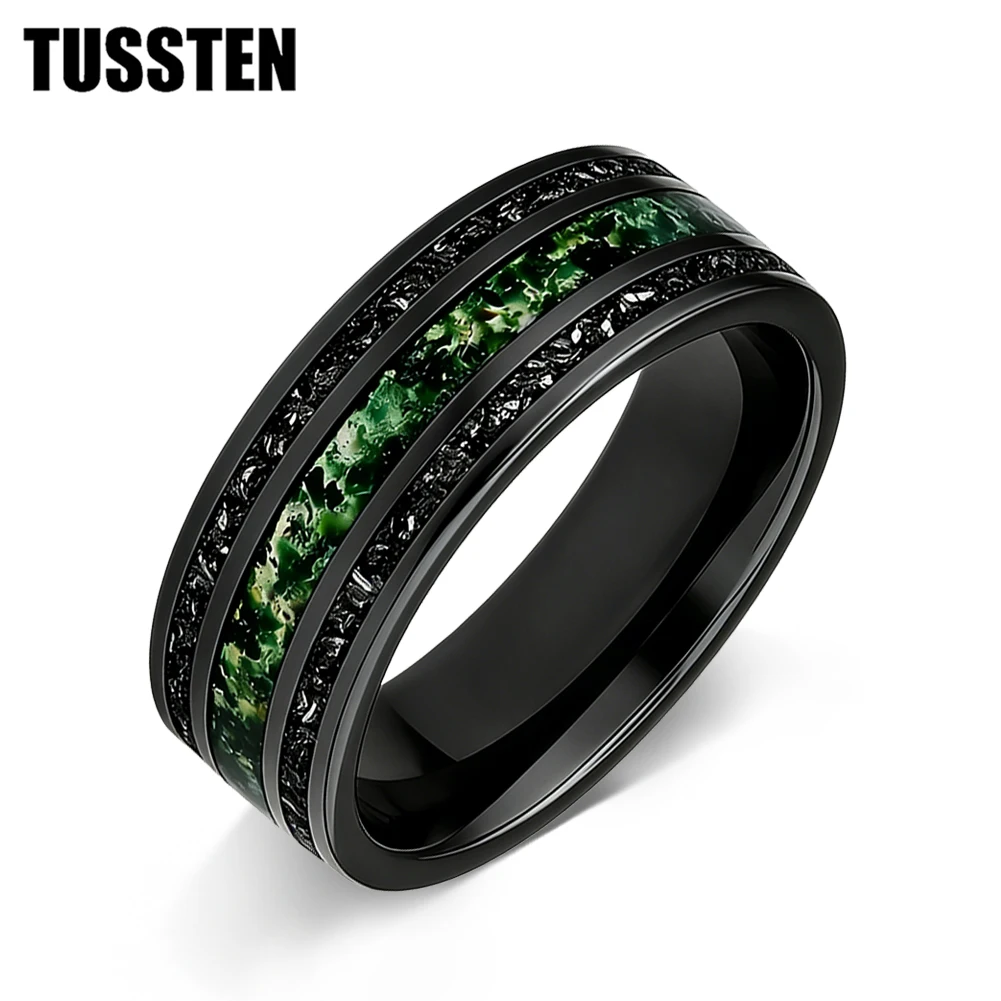 TUSSTEN 8MM Men's and Women's Wedding Tungsten Ring Inlaid Moss Agate And Meteorolite Inlay Comfortable Fit
