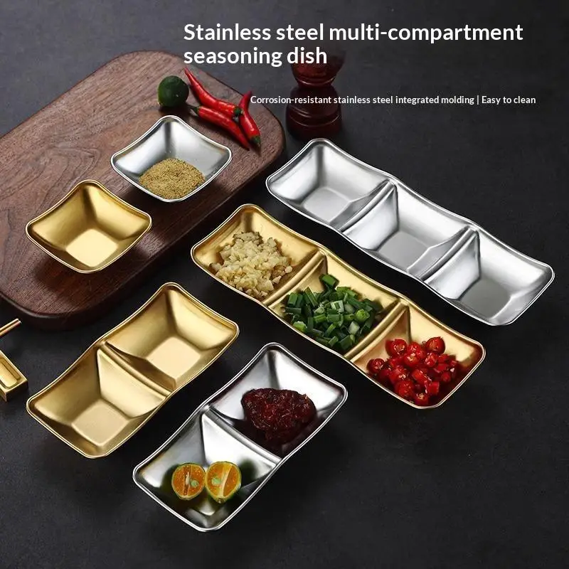 Muti-grid 304 Stainless Steel Seasoning Plate Sauce Divide Dishes Hot Pot BBQ Soy Vinagar Dish For Kitchen Gadgets
