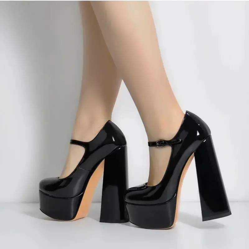 SHOFOO Fashionable women's high heels. Black patent leather single shoes About 15cm heel height Round toe pumps Mary Jane shoes