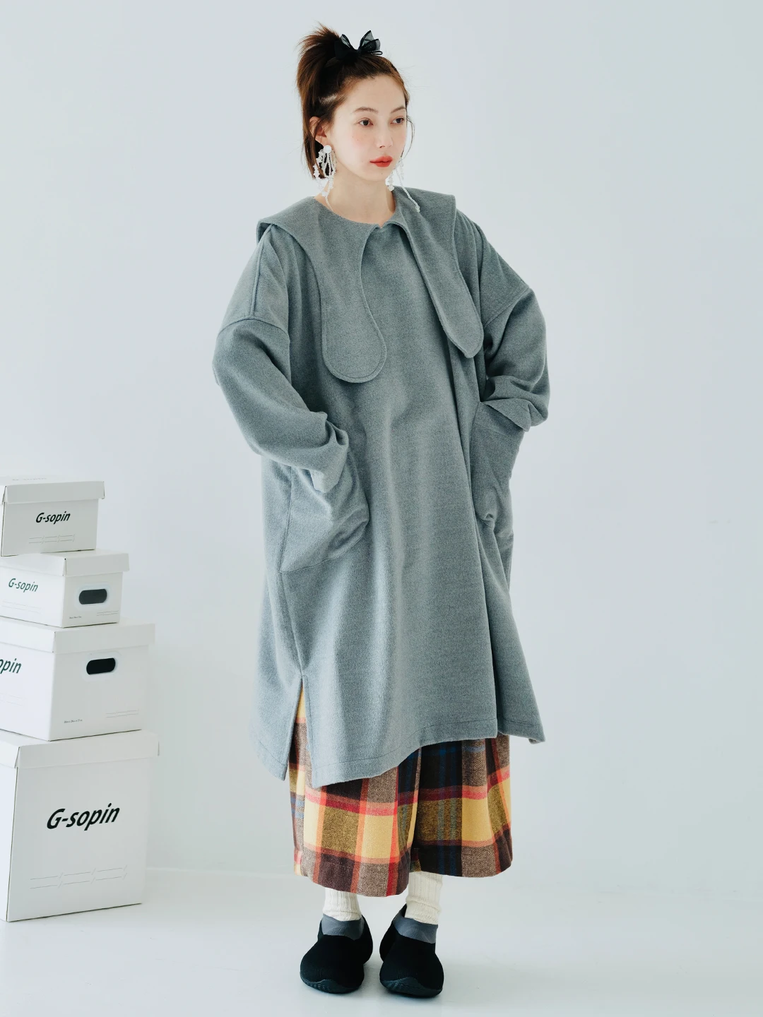 IMAKOKONI original design long-sleeved pullover grey dress pocket design sense loose mid-length skirt women's 223779