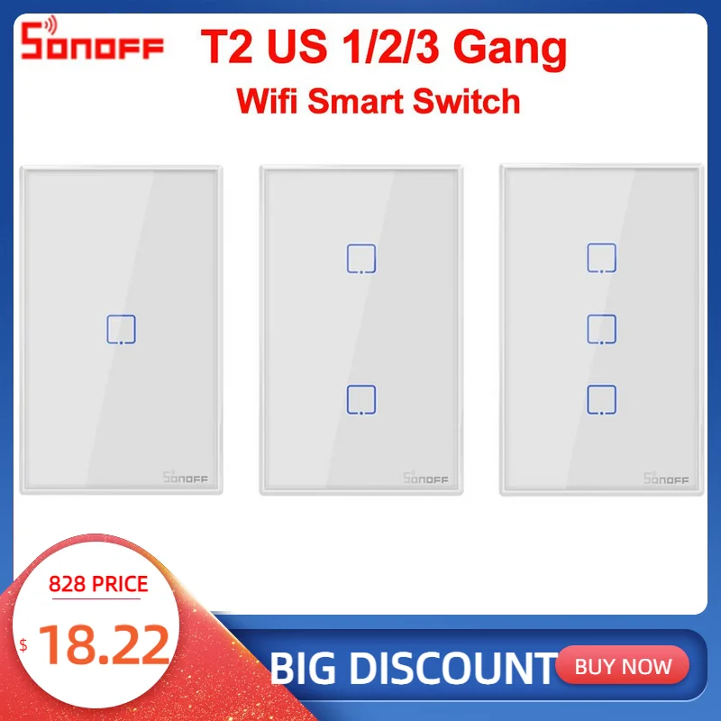 

Умный настенный выключатель Sonoff T2, США, Wi-Fi, 1/2/3 клавиши, сенсорный/Wi-Fi/433 RF/APP, умный дом, настенный сенсорный выключатель, работает с Alexa