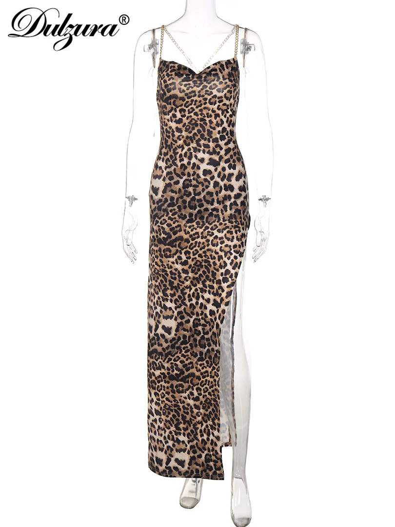 Dulzura Leopard High Slit Cami Bodycon Maxi Dress senza maniche Backless Sexy Party Clubwear per l'autunno
